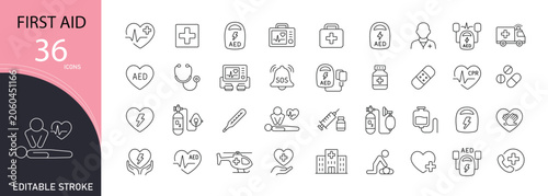 Quadro su tela First aid icons set representing emergency medical care, basic treatment, health support, injury care, safety kits and immediate medical assistance