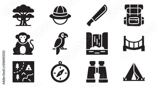Photography Camping icons, outdoor adventure symbols, travel vector graphics, black silhouet