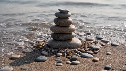 Zen Stone Stack on Sandy Beach with Gentle Waves Approaching.