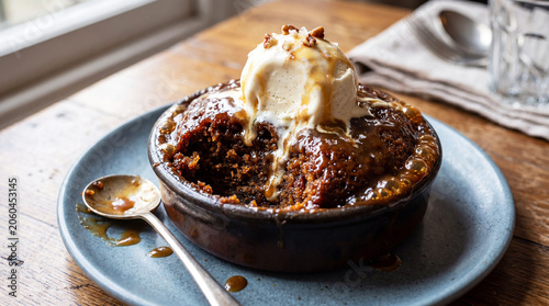 Sticky toffee pudding, an English specialty with dates and caramelized sugar and butter