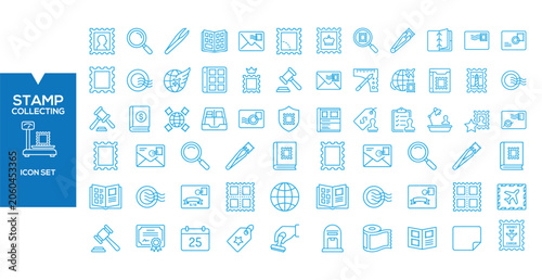 Bild auf Leinwand Stamp Collecting Icon Set: A comprehensive collection of blue line art icons representing various aspects of stamp collecting, including stamps, magnifiers, envelopes, and postal equipment