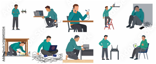 Cuadro en lienzo Flat vector illustration set of a man troubleshooting internet connectivity issues, setting up a Wi-Fi router, and managing tangled cables