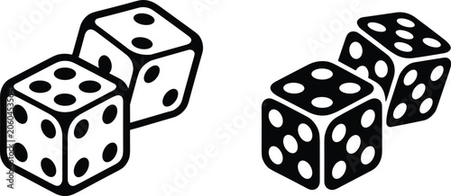 Black and white pair of dice vector illustrations showing outline and silhouette styles isolated on white background for board game design
