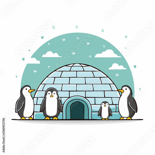 Cute Penguins and Igloo Illustration