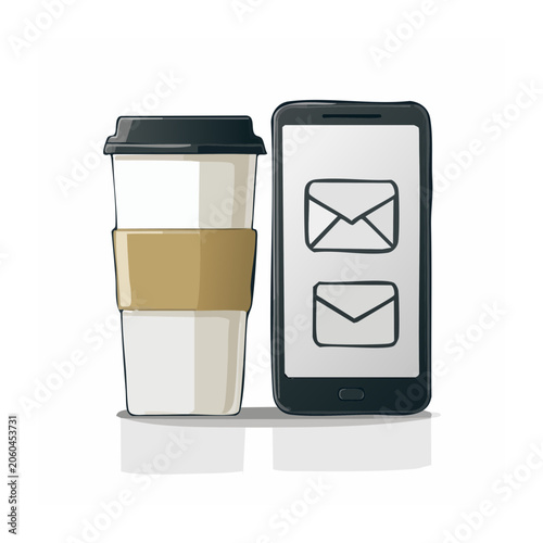 Flat design illustration of coffee cup and smartphone with email icons