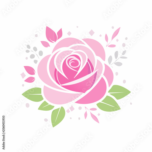 Stylized Pink Rose with Green Leaves and Decorative Elements