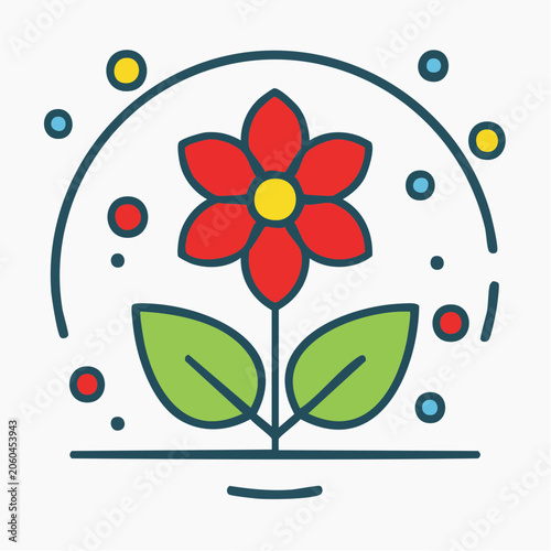 Stylized Red Flower Icon with Leaves and Bubbles