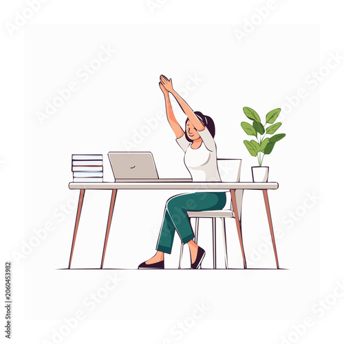 Woman stretching at desk with laptop and books
