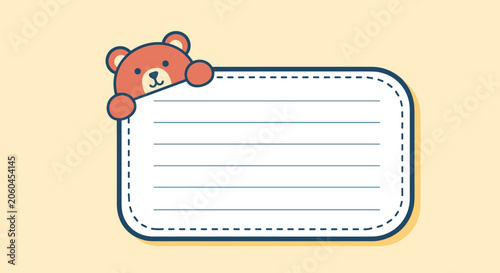Cute little bear peeking over a lined note board template, cheerful vector cartoon illustration for kids school labels.