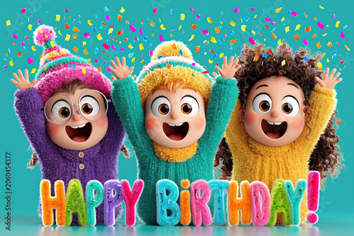 Happy Birthday Celebration with Three Excited Cartoon Kids Wearing Colorful Winter Hats and Sweaters