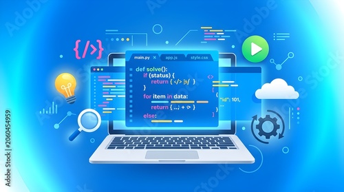 Silver laptop with magnifying glass highlighting search functionality and digital icons representing cloud services and analytics.