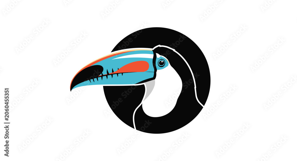 Fototapeta premium Colourful toucan bird head profile with a large blue and orange beak in a black circular frame background.