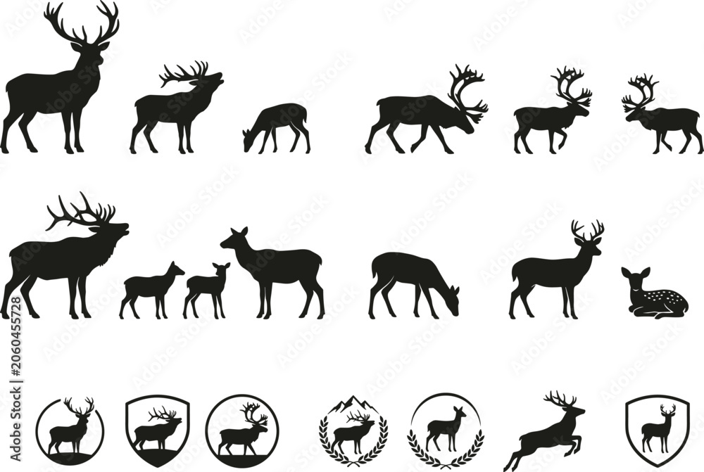 Fototapeta premium Black silhouettes of deer and elk, various poses and white background