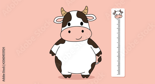 Child height measurement ruler with a cute cartoon cow illustration on a soft pink background for nursery decoration.