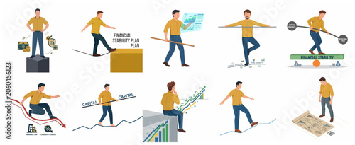 Obraz na plátně Set of Businessman Character Illustrations Managing Financial Stability, Risk, a