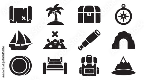 Treasure hunt icons, black silhouette symbols, navigation and travel graphics, 12 vector elements