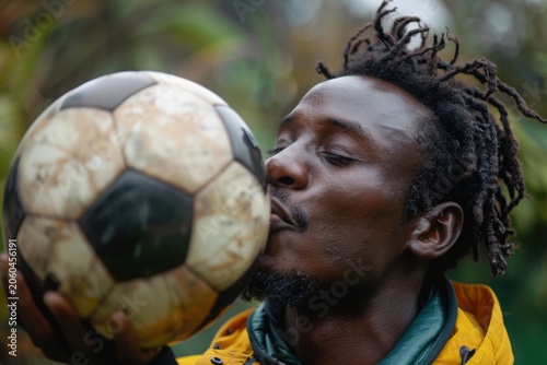 Black African young man in love with football sport kissing a soccer ball