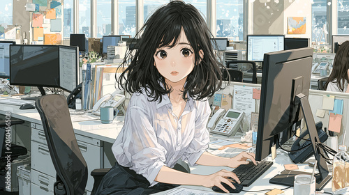 Japanese office worker using computer in modern workplace, copy space