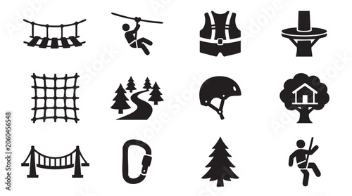 Adventure icons, outdoor activity symbols, hiking and climbing graphics, black silhouette set