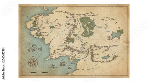 Fantasy map old map parchment illustration vintage coastline antique fantasy map illustration parchment paper with coastline mountain forest river compass rose sailing ship sea monster decorative