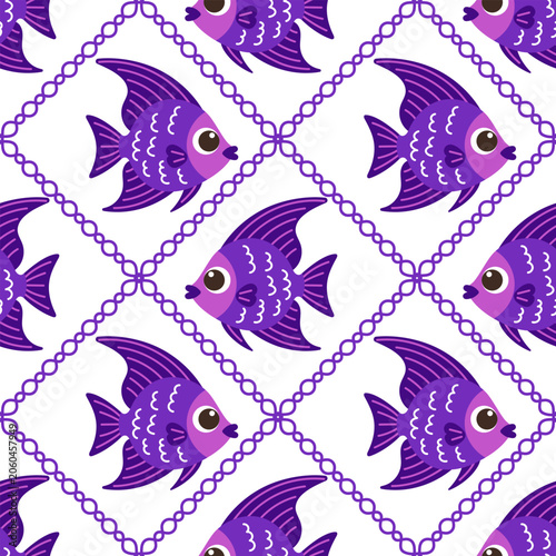 Cute purple fish seamless pattern, flat vector marine background with cartoon angelfish and bubble geometric grid.