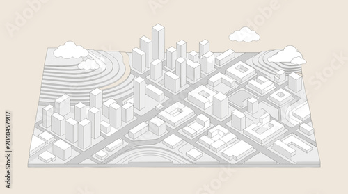 White city relief model with buildings, clouds and small vehicle on pale background, city, relief, white, buildings, vehicle,