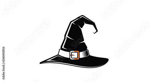 Black witch hat with a white band and orange buckle on a white background represents halloween accessory, magic, and sorcery.
