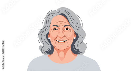 Portrait of a smiling senior woman with grey hair on white background represents aging, happy grandmother, and mature lifestyle.