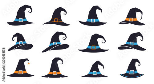 Set of twelve different cartoon witch hats on white background represents various halloween costumes, magical props, and wizardry.