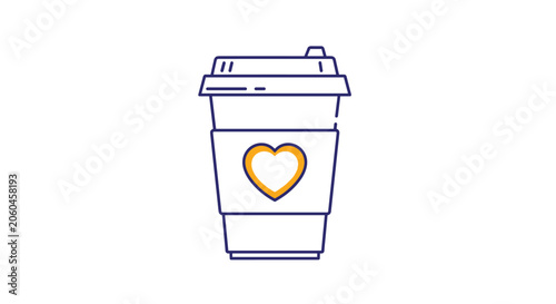 Takeaway paper coffee cup outline with a yellow heart symbol on the sleeve represents warm beverage love and morning cafe.