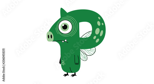 Green monster bug shaped as the letter P with wings and pig snout represents cute educational creature, monster alphabet, and fun.