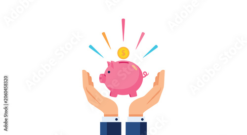 Businessman hands holding pink piggy bank with a golden dollar coin represents money savings, banking services, and investment.