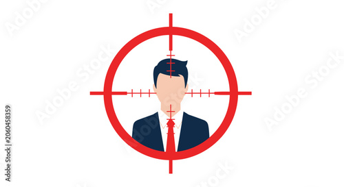 Businessman silhouette positioned inside red scope crosshairs represents targeting talent, hiring process, or corporate focus.