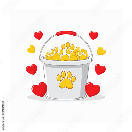 Cartoon Bucket with Paw Prints and Hearts