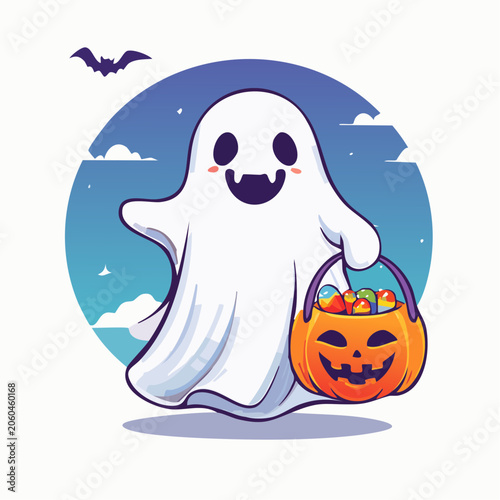 Cute Ghost Holding Halloween Candy Bucket