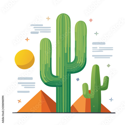Flat Design Cactus and Pyramid Desert Illustration