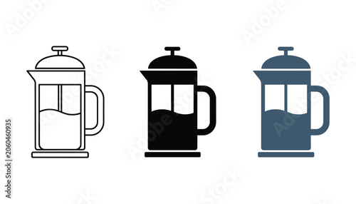 Bild auf Leinwand French press coffee maker icon set in outline and solid styles for cafe menu and