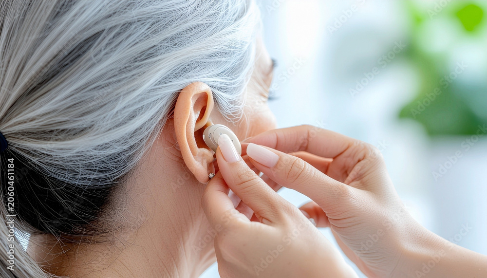 Naklejka premium Close-up of a doctor adjusting a modern hearing aid on a senior woman's ear, showing professional medical care, audiologist checkup, and innovative technology for hearing loss