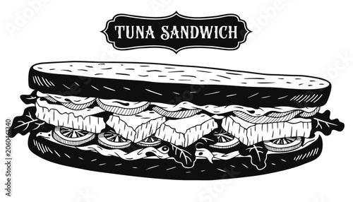 Tableau sur toile Very beautiful black-and-white engraved vector illustration featuring TUNA SANDWICH with flaky tuna filling, fresh vegetables, artisan bread, and decorative label reading TUNA SANDWICH