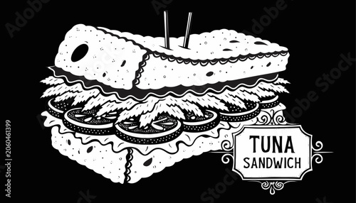 Foto Very beautiful black-and-white engraved vector illustration featuring TUNA SANDWICH with flaky tuna filling, fresh vegetables, artisan bread, and decorative label reading TUNA SANDWICH