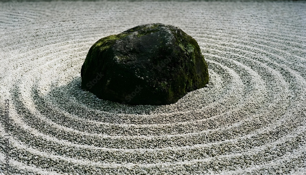 Obraz premium Moss covered rock rests on raked gravel in a serene zen garden setting