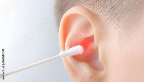 Macro shot of a cotton swab cleaning a human ear with a glowing red effect, symbolizing ear hygiene, personal care routines, potential canal irritation, and medical healthcare.