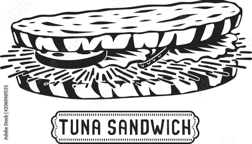 Tableau sur toile Very beautiful black-and-white engraved vector illustration featuring TUNA SANDWICH with flaky tuna filling, fresh vegetables, artisan bread, and decorative label reading TUNA SANDWICH