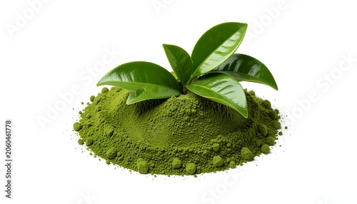 Vibrant green matcha powder with fresh tea leaves on a white background