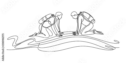 Foto Continuous line drawing of two scuba divers kneeling on the ocean floor explorin