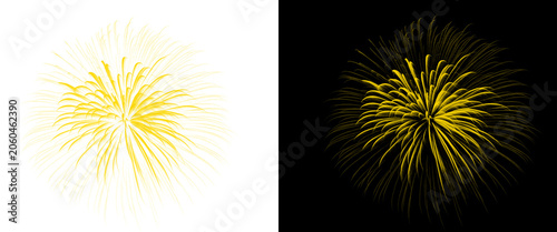 Golden fireworks burst isolated on white and black backgrounds, sparkling yellow firework explosion, festive pyrotechnic display for celebration