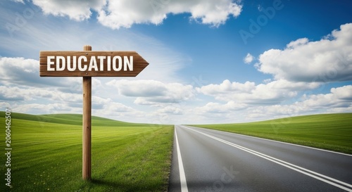 Wooden signpost pointing to education on a sunny road