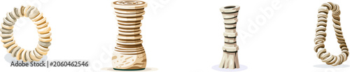 A paleontology flat vector graphic of a prehistoric fossilized crinoid stem column, showcasing its interlocking wheel-like segmented ossicle layers in beige limestone against a solid white background