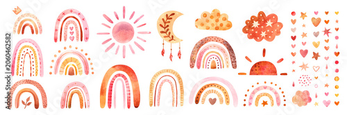 Hand-painted watercolor clipart set with rainbows, suns, moons, clouds, stars, hearts, and decorative elements in warm pink, orange, and red tones, perfect for nursery or kids designs