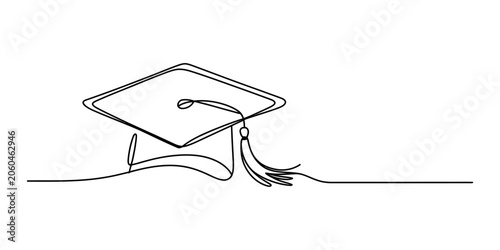 Continuous single line drawing of a graduation cap with tassel representing academic success and school achievement for students and university graduates Vector, illustration